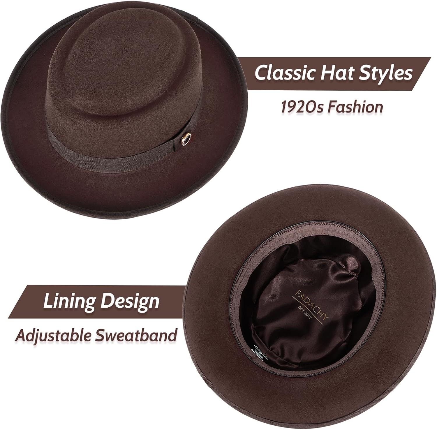FADACHY Fedora Hats for Men & Women Pork Pie Hat Flat Top Felt Hats Panama Wide Brim Dress Hat - Image 6