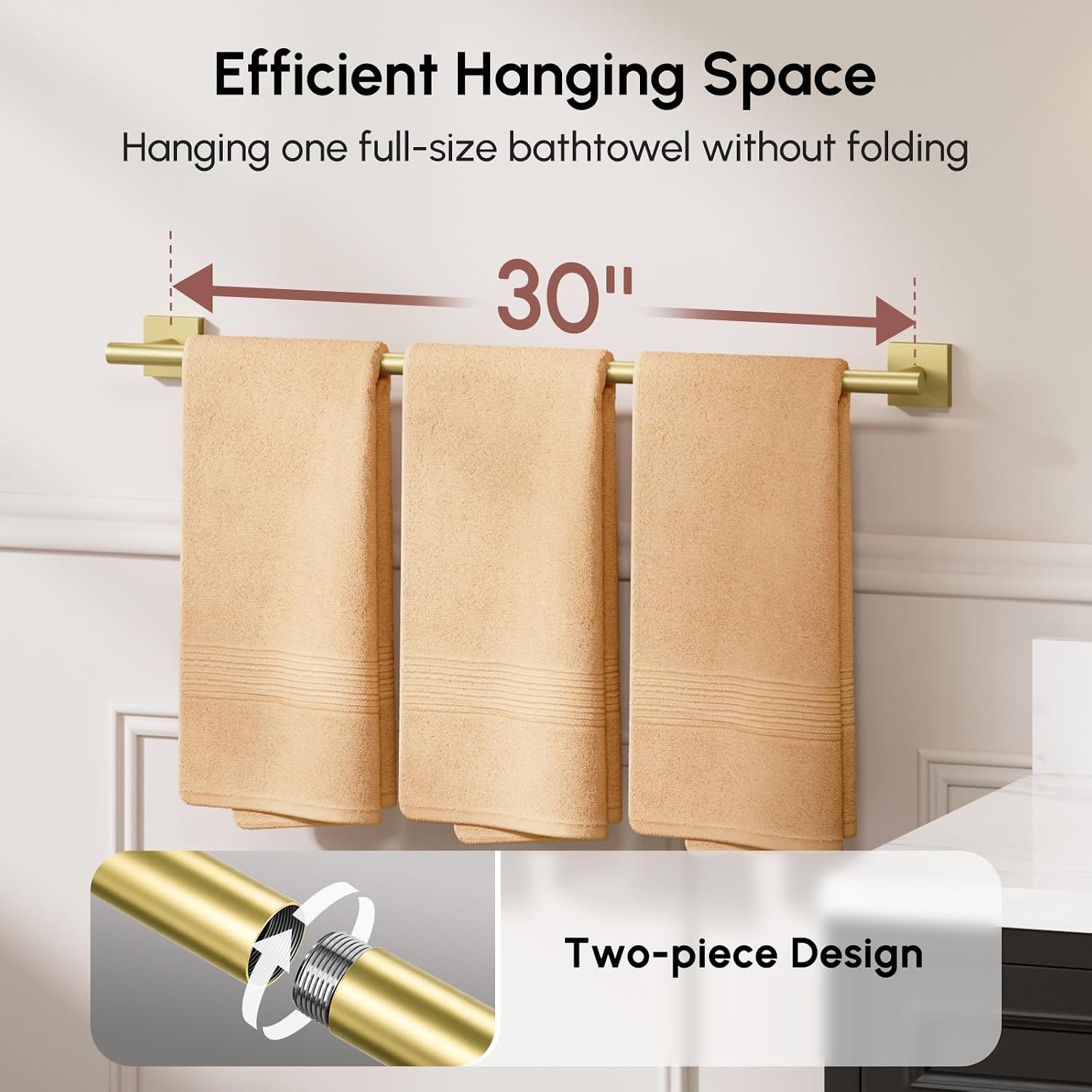 USHOWER Brushed Gold Bath Towel Bar, 30 Inch Towel Racks for Bathroom image 4