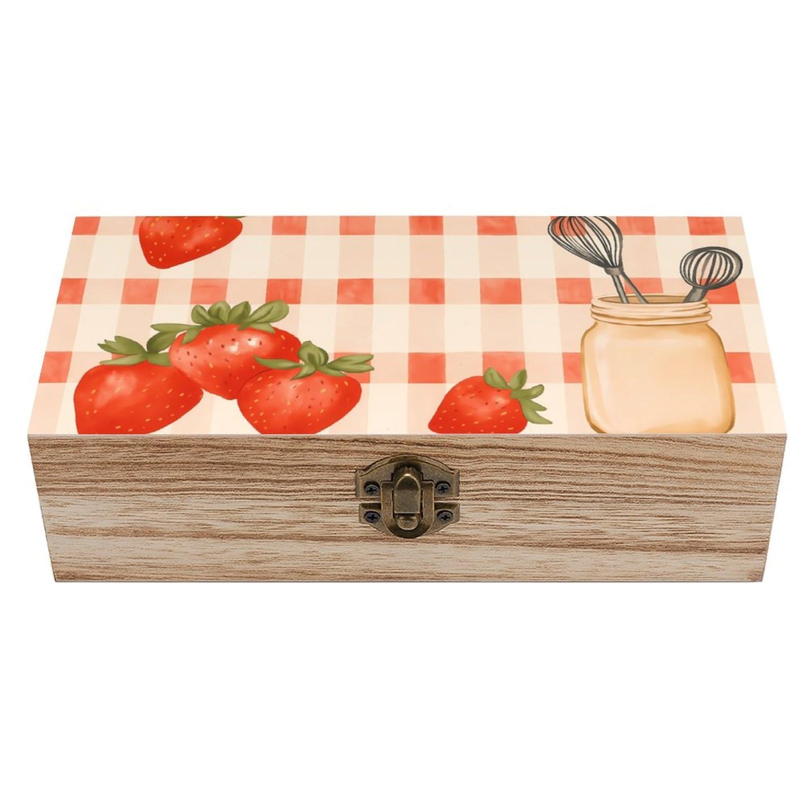 Oudrspo Strawberry And Kitchenware, Checkered Retro Wooden Storage Box Keepsake Jewelry Decorative Art Storages Box Gift Boxs