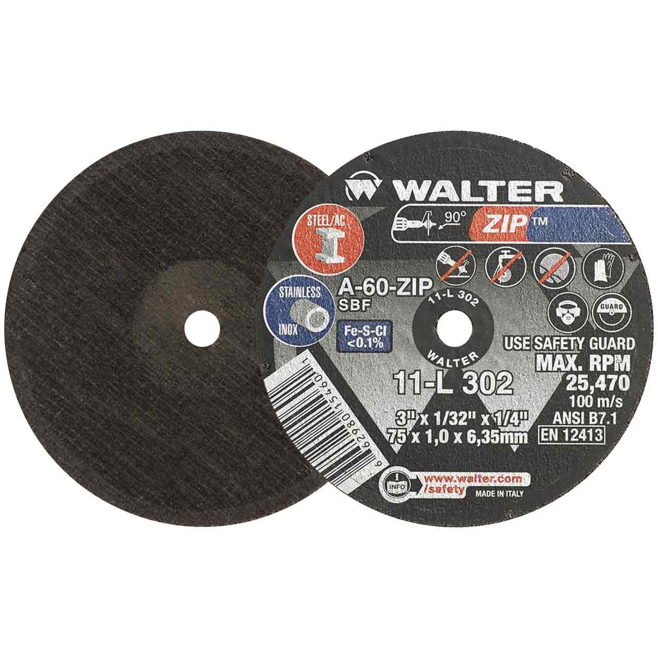 Walter 11L302 3x1/32x1/4 Zip Steel and Stainless Contaminant Free Cut-Off Wheels Type 1 Grit A60, 25 Pack