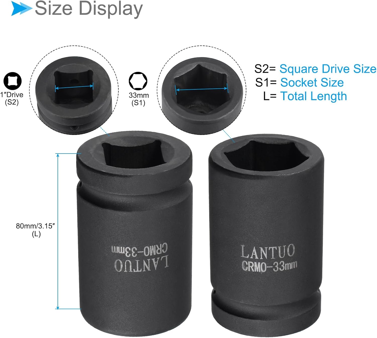 6-Point Impact Socket, 1" Drive 33mm Socket, CR-MO Radiused Corner Design Standard Metric Socket - (Applications: for DIY, Automobile Repairs, Manufacturing)