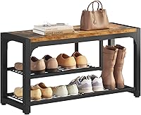 HOMEFORT 3-Tier Shoe Storage Bench with Boot Rack, 31.5" Entryway Shoe Rack, Retro Industrial Rustic Brown Metal Frame