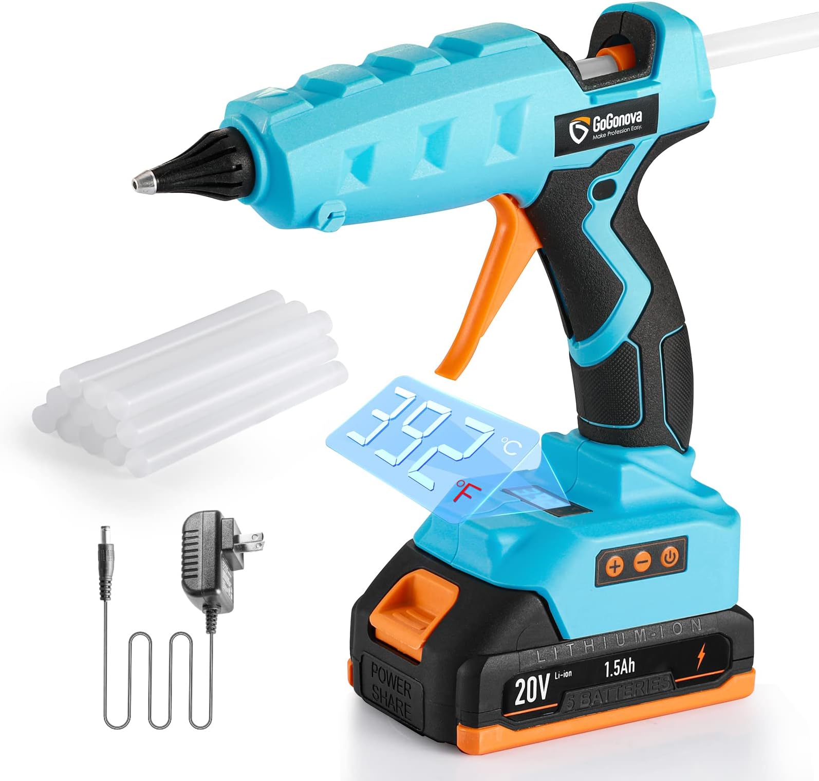 gogonova 20V Temp Adjust Cordless Glue Gun, LCD Digital Display Fast Heating Glue Gun, Accurate Dual Temp, Dripless Full Size Heavy Duty Hot Glue Gun Kit with 12 Pcs Glue Sticks (Battery Included)
