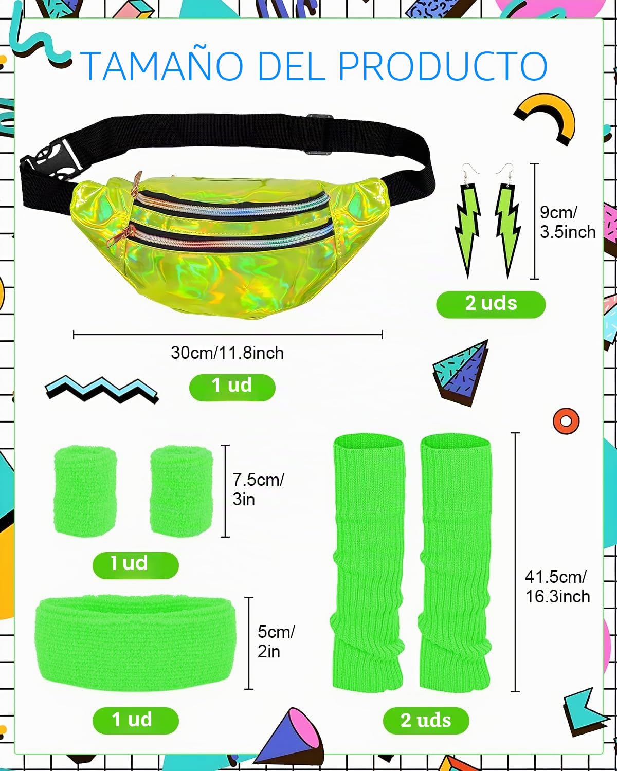 Disfraz Años 80 Mujer Disfraz Chándal años 80 Leotardo Legging Diadema Muñequeras Calentadores de piernas Pendientes Fanny Pack Traje de leotardo de los 80 para los años 80 y 90