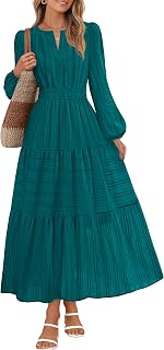 MEROKEETY Womens Fall Puff Long Sleeve Casual V Neck Modest Midi Maxi Dress