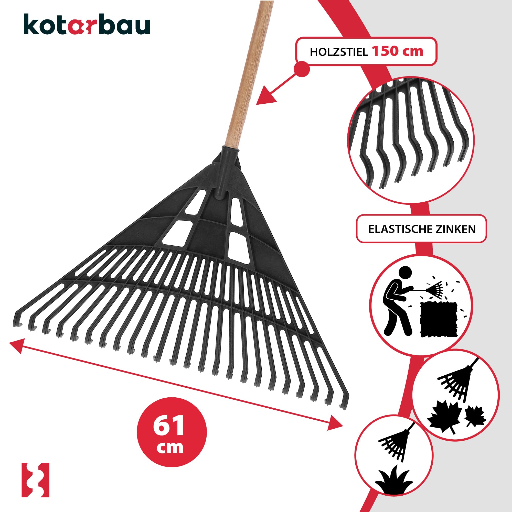 KOTARBAU® Rateau à Feuilles - Plastique - 61 cm - Noir - avec Manche - Râteau Jardin - Balai à Gazon - Ramasse Feuilles - Léger - Résistant - Entretien Jardin