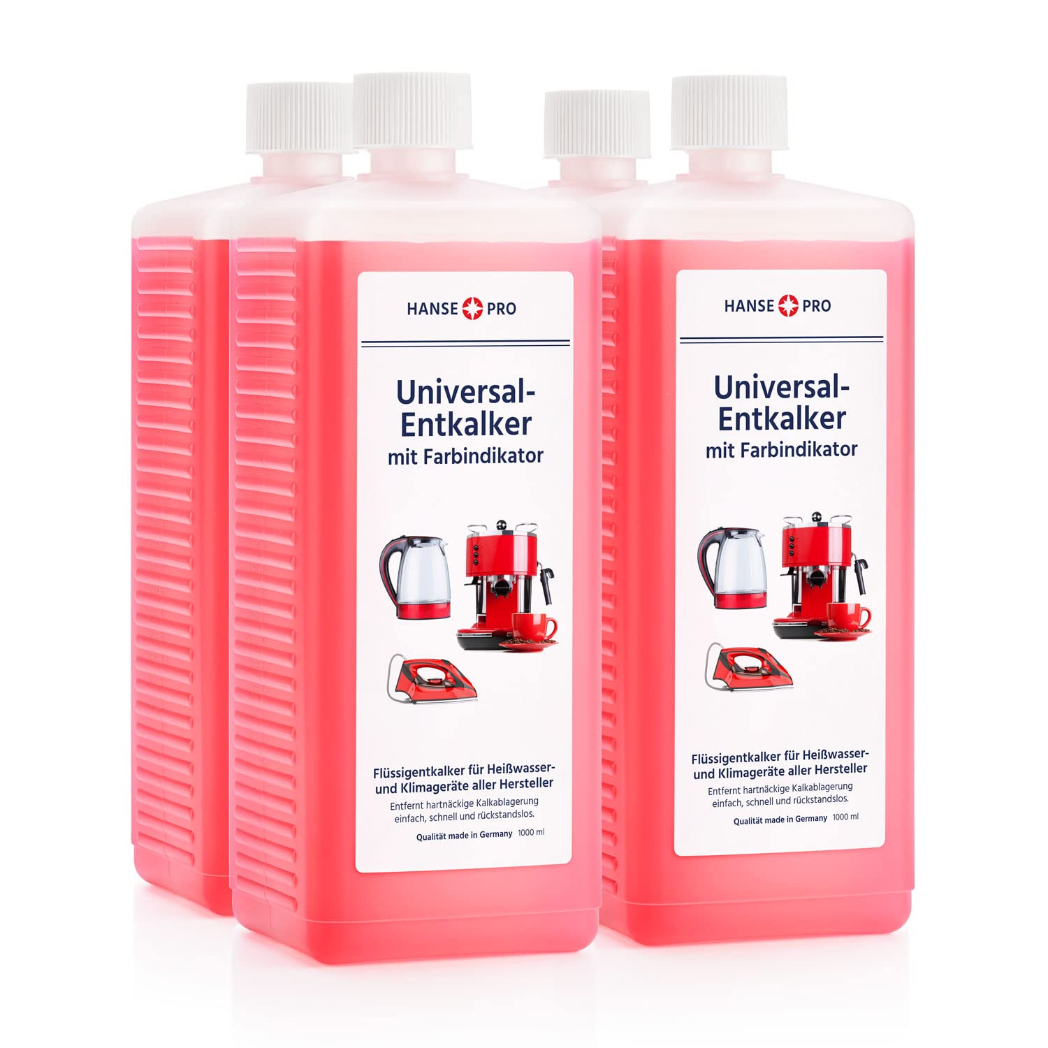 HANSE PRO Universal-Entkalker mit Farbindikator, 4 x 1000 ml I Flüssig-Entkalker I Kalklöser I universell einsetzbar I für Kaffeevollautomat, Kaffee-Maschine usw.