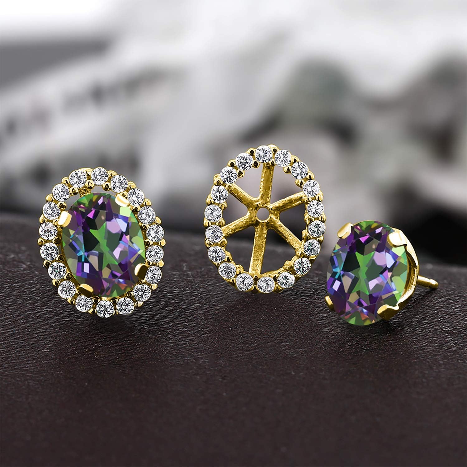 Gem Stone King 18K Yellow Gold Plated Silver 8X6MM Oval Gemstone Birthstone Stud Earrings with Removable Jackets | Halo Earrings for Women