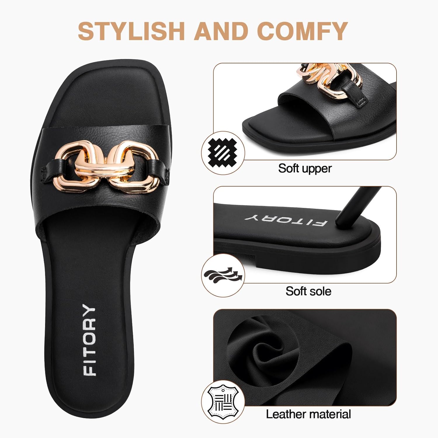 FITORY Women's Flat Sandals Fashion Slides With Soft Leather Slippers for Summer Size 6-11 - Image 2