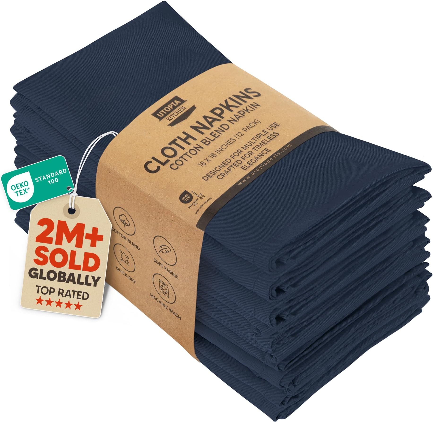 Utopia Kitchen Cloth Napkins [12 Pack] 46x46cm, Cotton Blend Washable and Reusable Table Dinner Napkins for Hotel, Lunch, Restaurant, Weddings, Event and Parties (Navy)