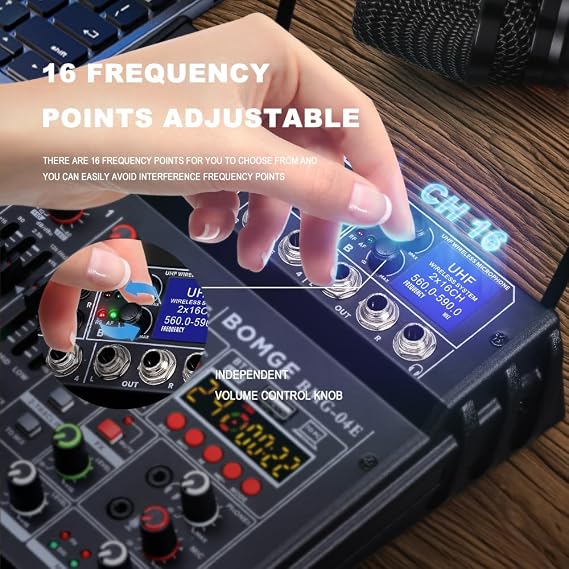 BOMGE 04E Karaoke Audio Mixer 4 Channel Mixer with Wireless Dual UHF Microphone Soundboard Console MP3 Bluetooth 48V Phantom Power USB Audio Interface DJ Mixing for Party Computer