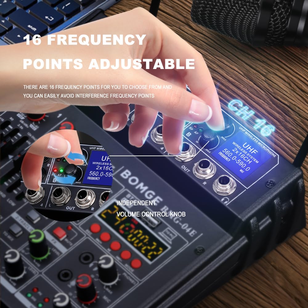 BOMGE Mixer audio karaoke 04E, mixer a 4 canali con doppio microfono wireless UHF, console audio MP3, Bluetooth 48 V, alimentazione phantom, interfaccia audio USB, mixaggio per DJ per feste, computer,