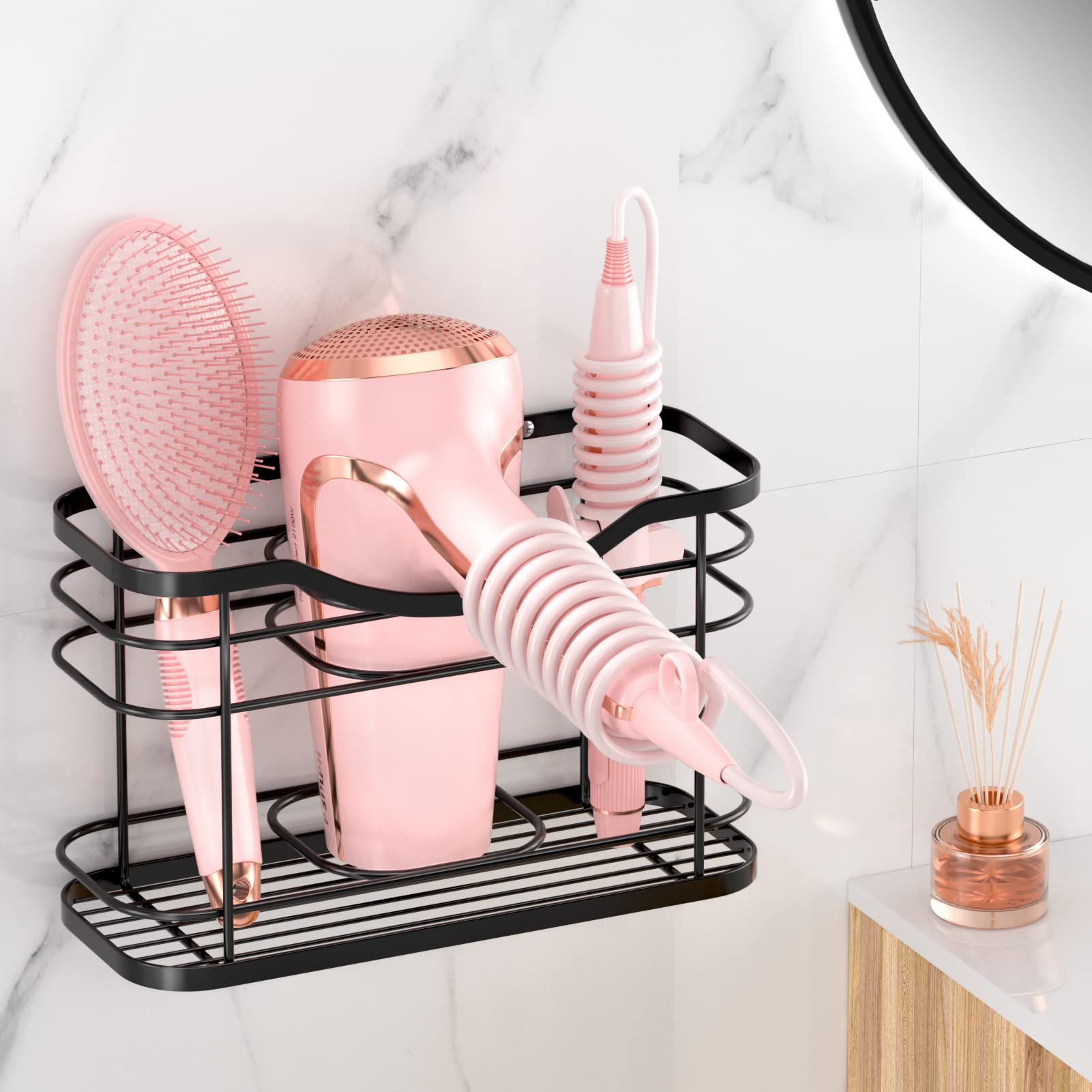 XILIMEN Hair Dryer Holder 3 in 1 Hair Tool Organizer Wall Mounted/Cabinet Door Bathroom Storage Under Sink Stainless Steel Countertop Hot Tools Basket for Blow Dryer, Curling Iron, Straightener