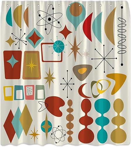 Mid Century Shower Curtain Retro Atomic Abstract Modern Geometric Space Sputnik Vintage 1950s 60s Aesthetic Bathroom Curtains Decor with Hooks