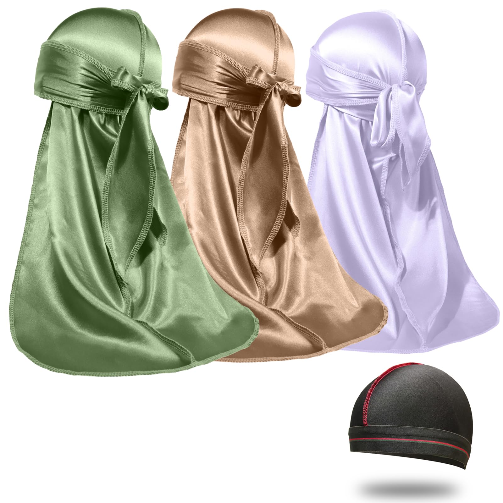 ForceWave Silky Satin Durags 3 Pieces and 1 Wave Cap Pack for Men Waves