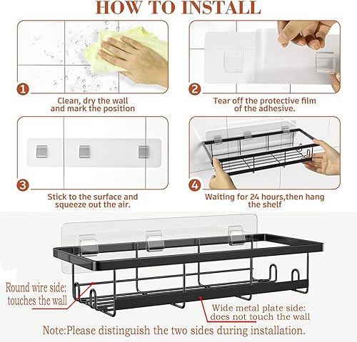 Miniatura 6 de Organizador de ducha de esquina, paquete de 2 organizadores adhesivos de ducha de baño, estante de ducha negro sin perforaciones para ducha