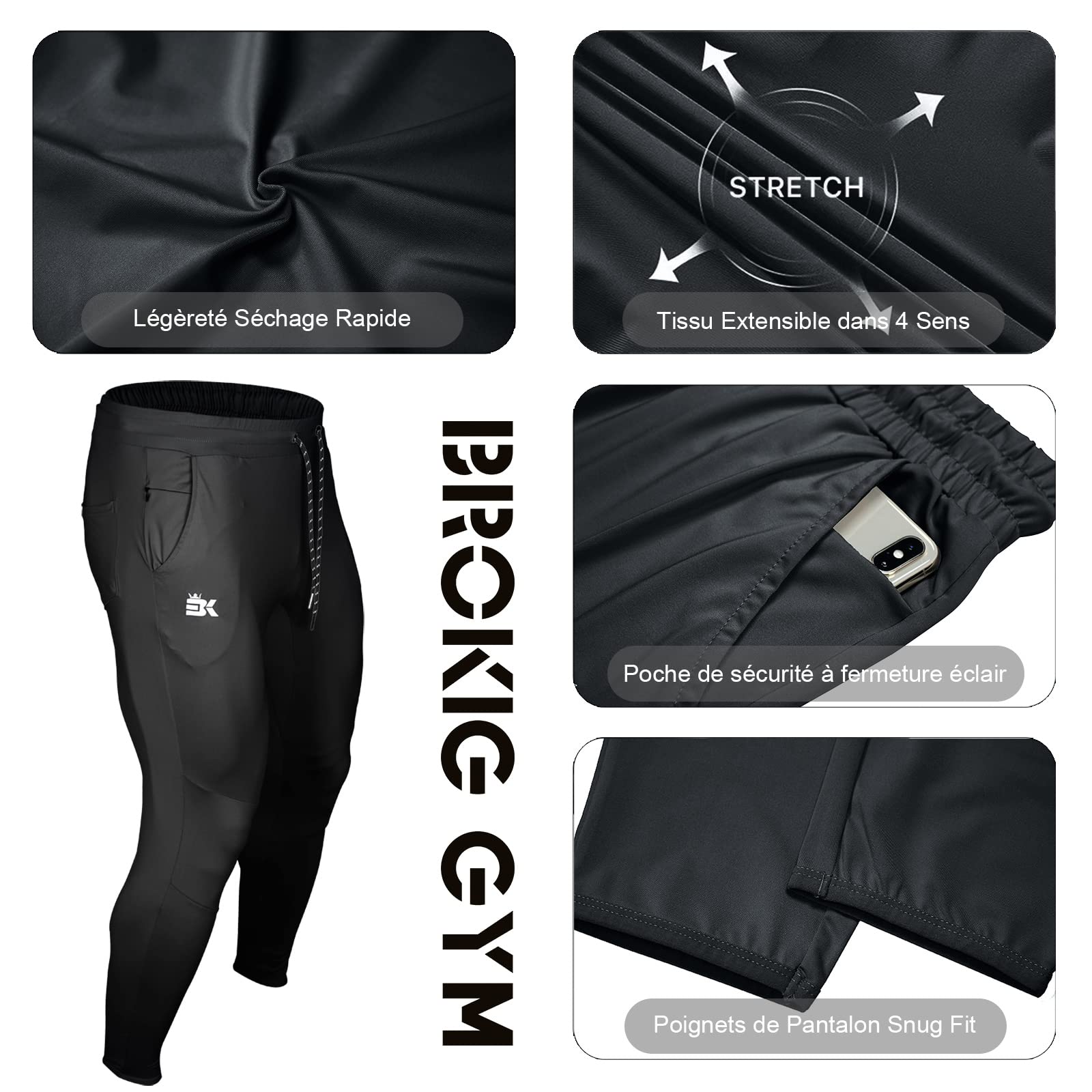 BROKIG Pantaloni sportivi da jogging da uomo, fitness, leggeri, ad asciugatura rapida, con tasche con zip