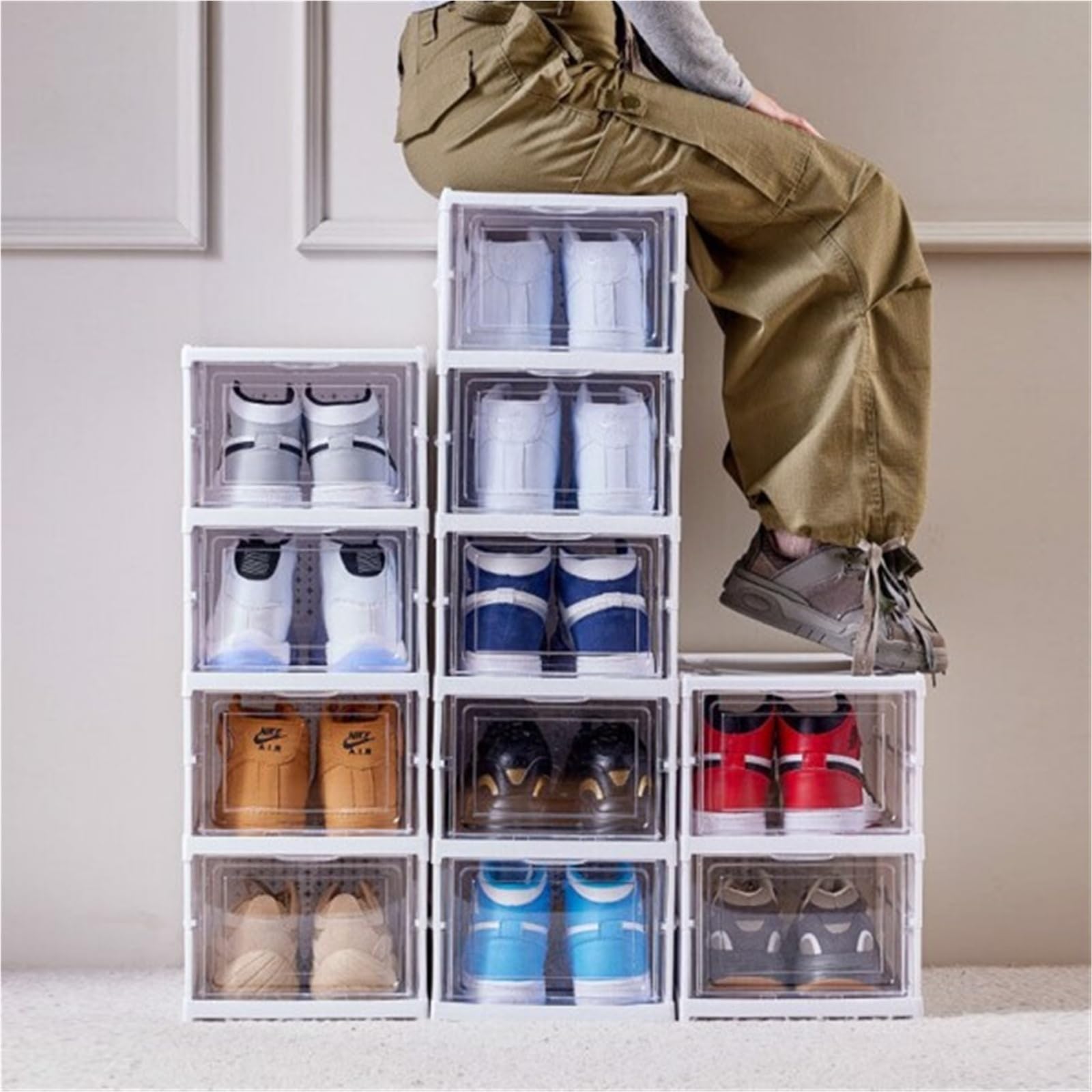 TYNGBT 6-Tier Foldable Shoe Storage Boxes, Stackable Clear Plastic Organizer for Closet, Entryway, and Small Spaces