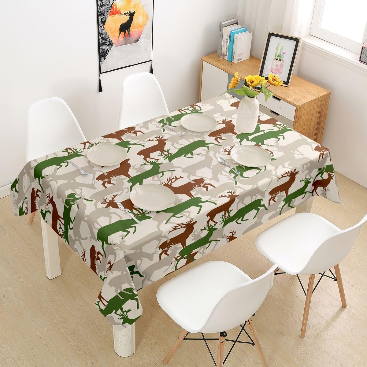 Homewish Camouflage Deer Tablecloths,Brown Green Khaki Camo Table Cloth,Hunting Deer Antlers Table Accessories for Kitchen Dining Room Decor,Wild Animal Camo Dining-Table Cover,55"x55"
