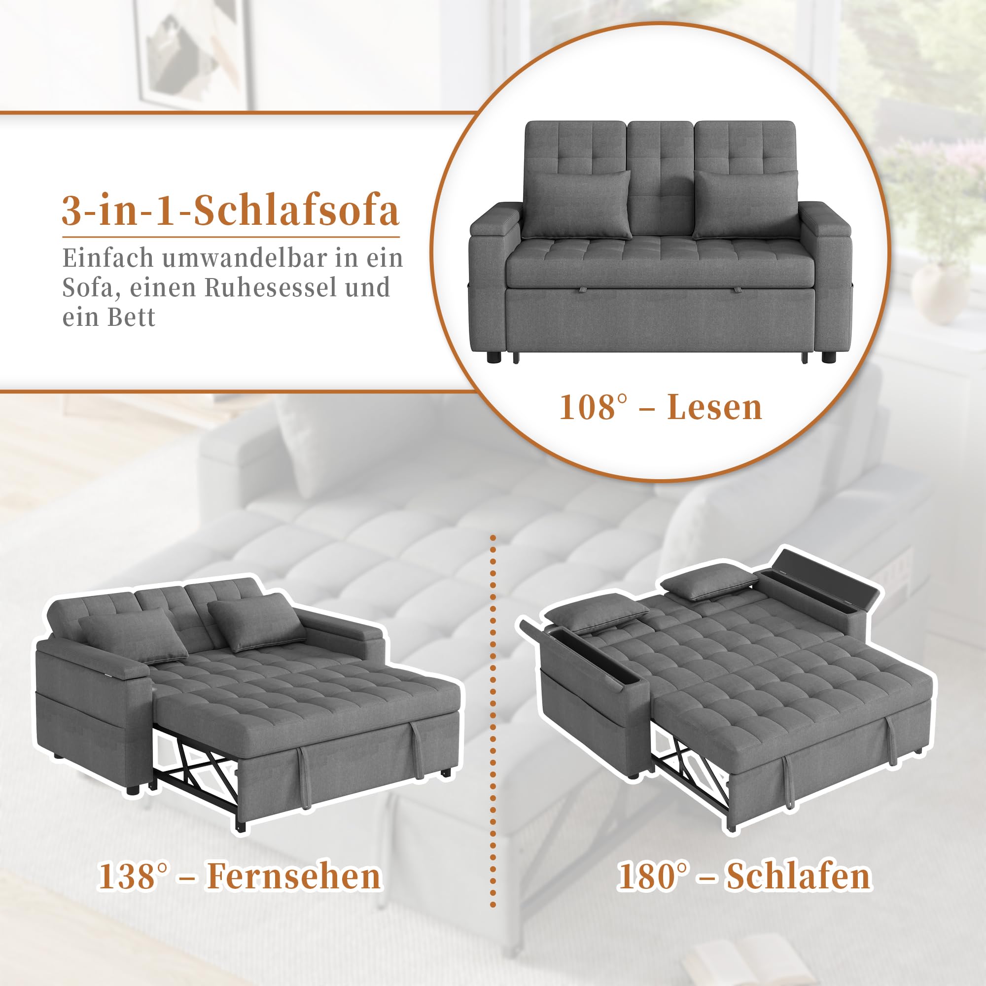 Merax Schlafsofa 2-Sitzer Sofa mit Schlaffunktion, Modernes Klappsofa 3-in-1 Schlafcouch mit Verstellbarer Rückenlehne, Armlehnen-Staufächern, Getränkehalter und Seitentaschen, Grau