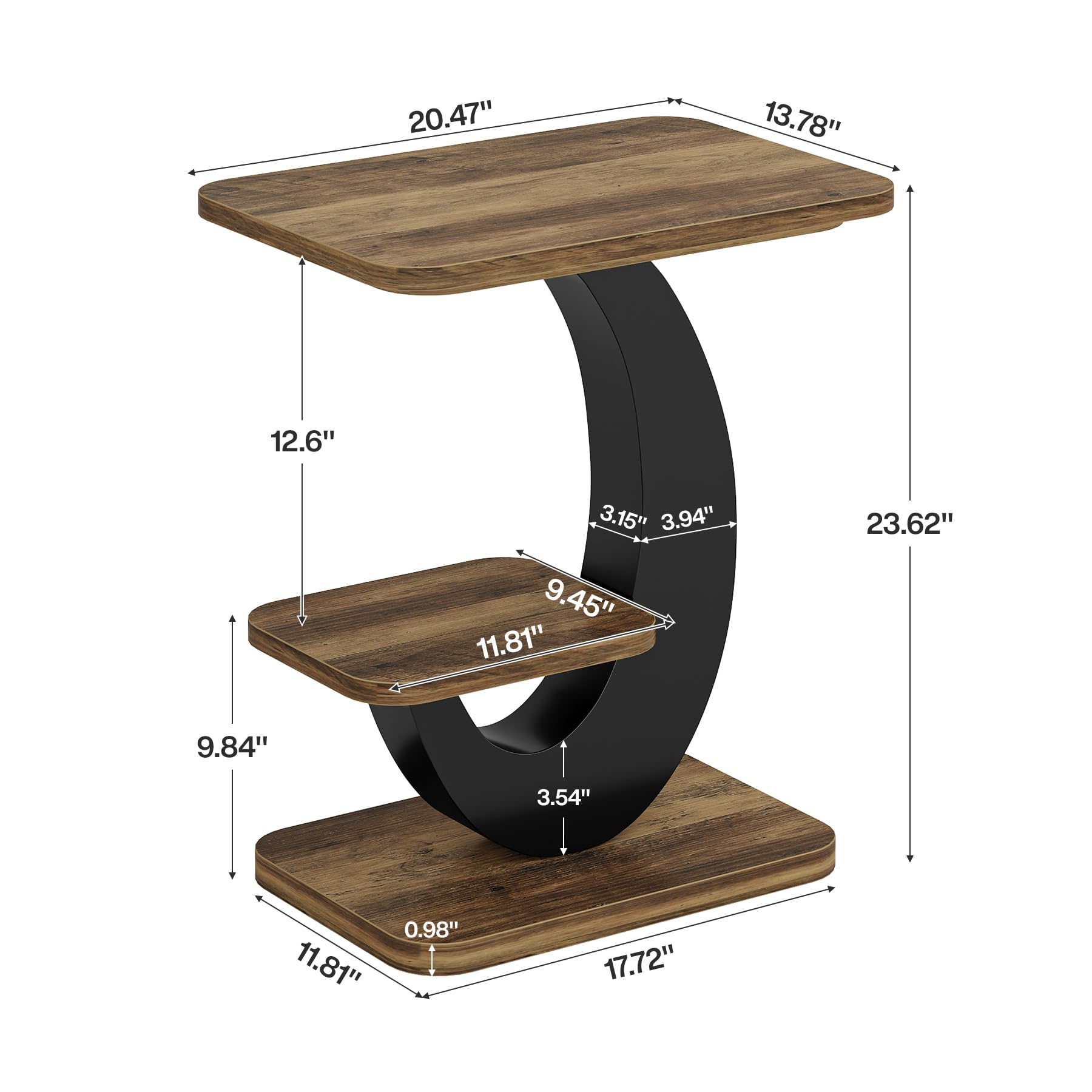 Tribesigns 2-Tier Narrow Side Table, End Table, Bedside Nightstand, Brown | Industrial Arc-Shaped Metal Frame, Storage Shelf, For Living Room, Bedroom, Small Spaces