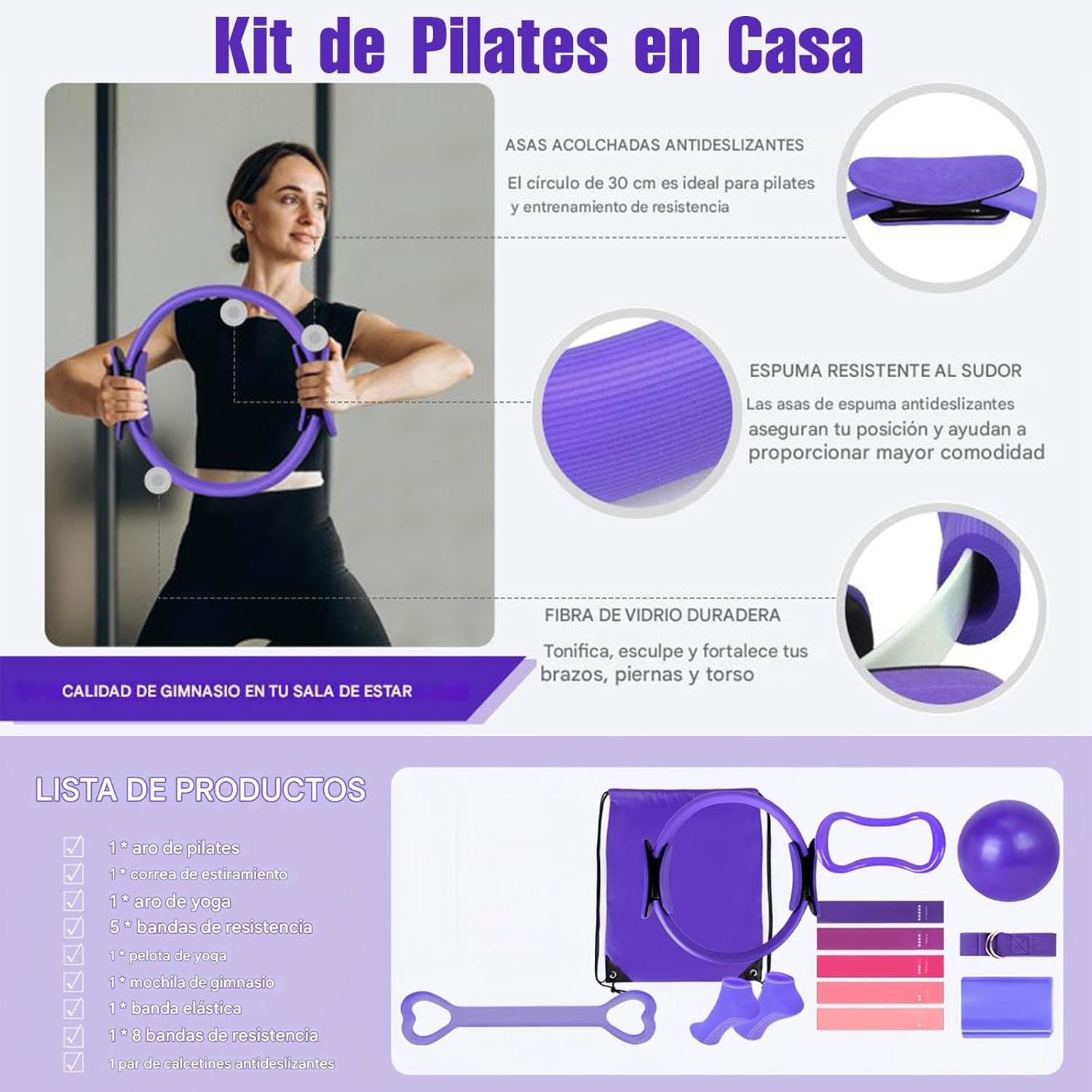 Kit de Pilates Essentiel pour Entraînement à Domicile – Équipement de Fitness Portable avec Cercle Pilates, Bandes de Résistance Longues, Balle Souple et Chaussettes Antidérapantes