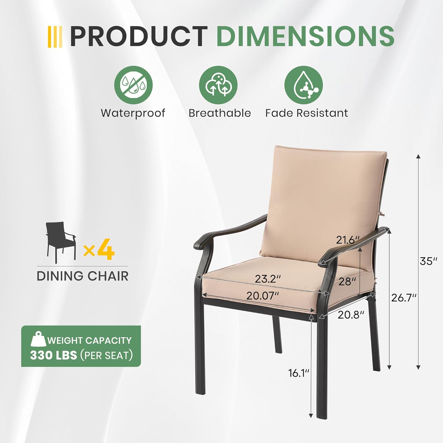 LVUYOYO Outdoor Patio Dining Chairs Set of 4, Metal Stackable Chairs Set with Cushions, All-Weather Furniture for Backyard, Garden,Balcony,Porch (Khaki)