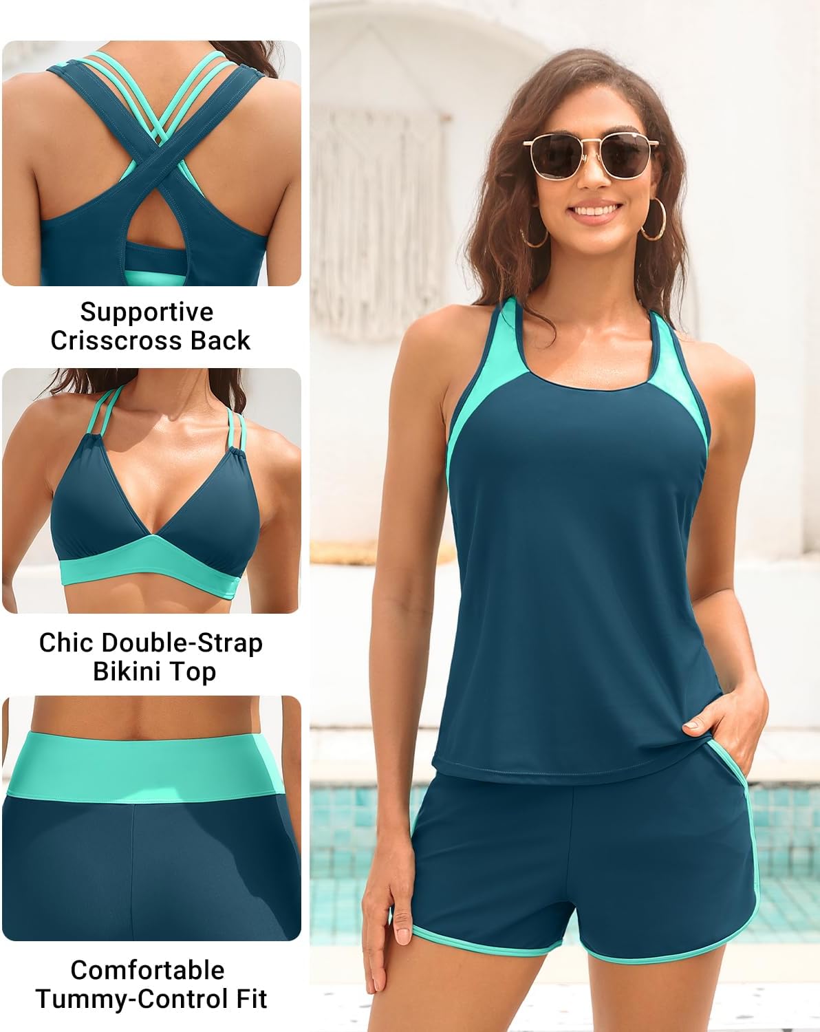 Daci Women 3 Piece Tankini Swimsuits - Tummy Control Tank Top with Bra Modest Bathing Suit with Pockets Boyshorts Bottom 2026 - Image 4
