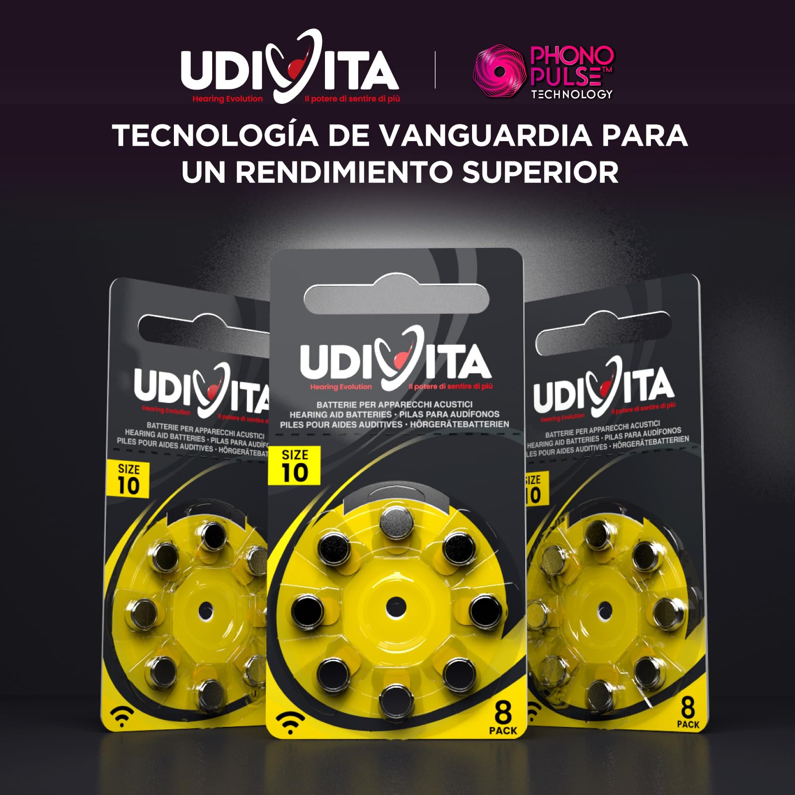 120 Pilas para Audífonos Tamaño 10 Udivita PR70 (Amarillo) Zinc-Aire Hearing Evolution - 15 Blísteres de 8 Pilas