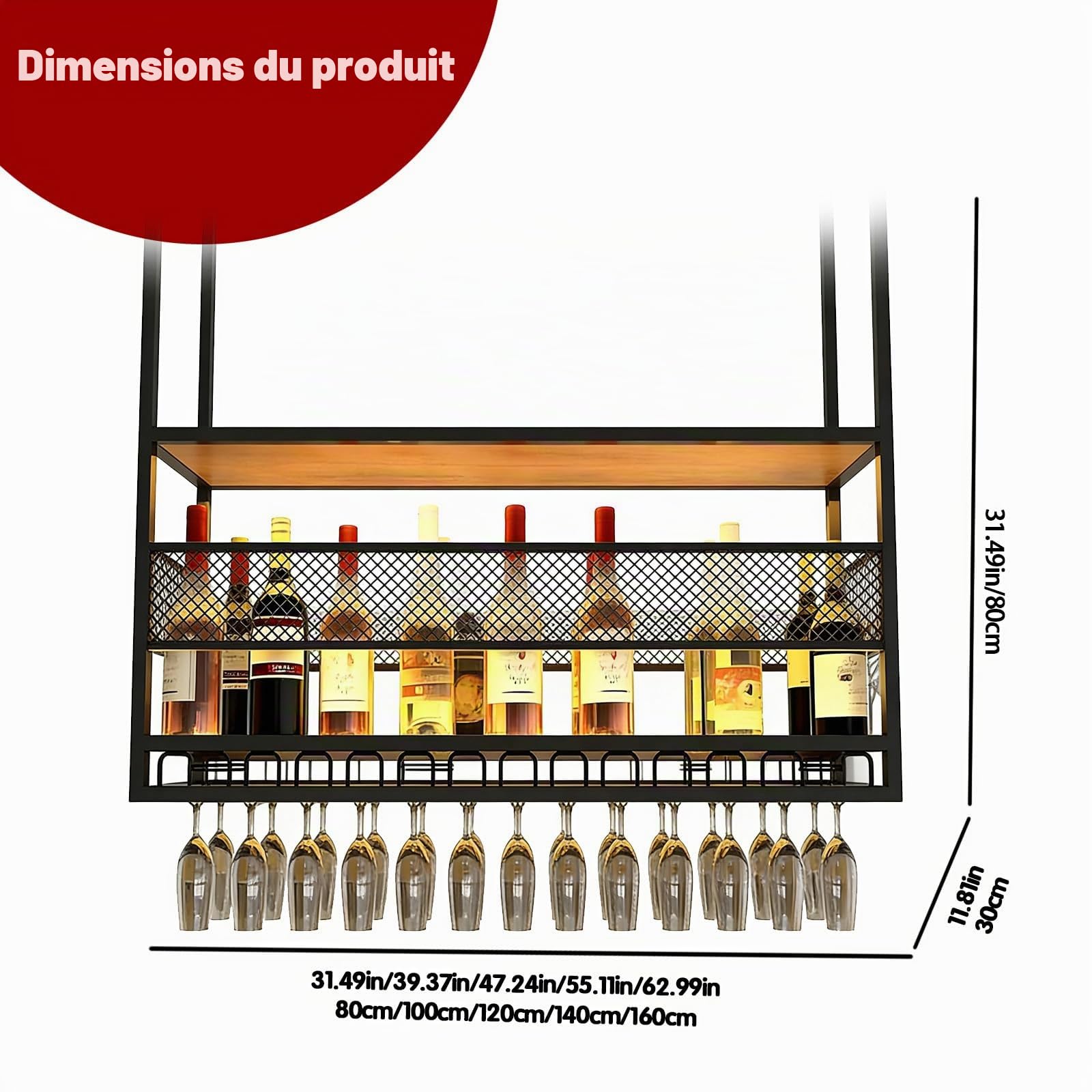 Plafond Bouteilles Suspendu,Porte-Verres à vin Suspendu en métal， Porte-Verres à vin Suspendu à 2 Niveaux, pour Bar, Restaurant, café et Cuisine (Or, 100cm) | Comprend un support pour verres, pour la cuisine et les bars, affichage et rangement
