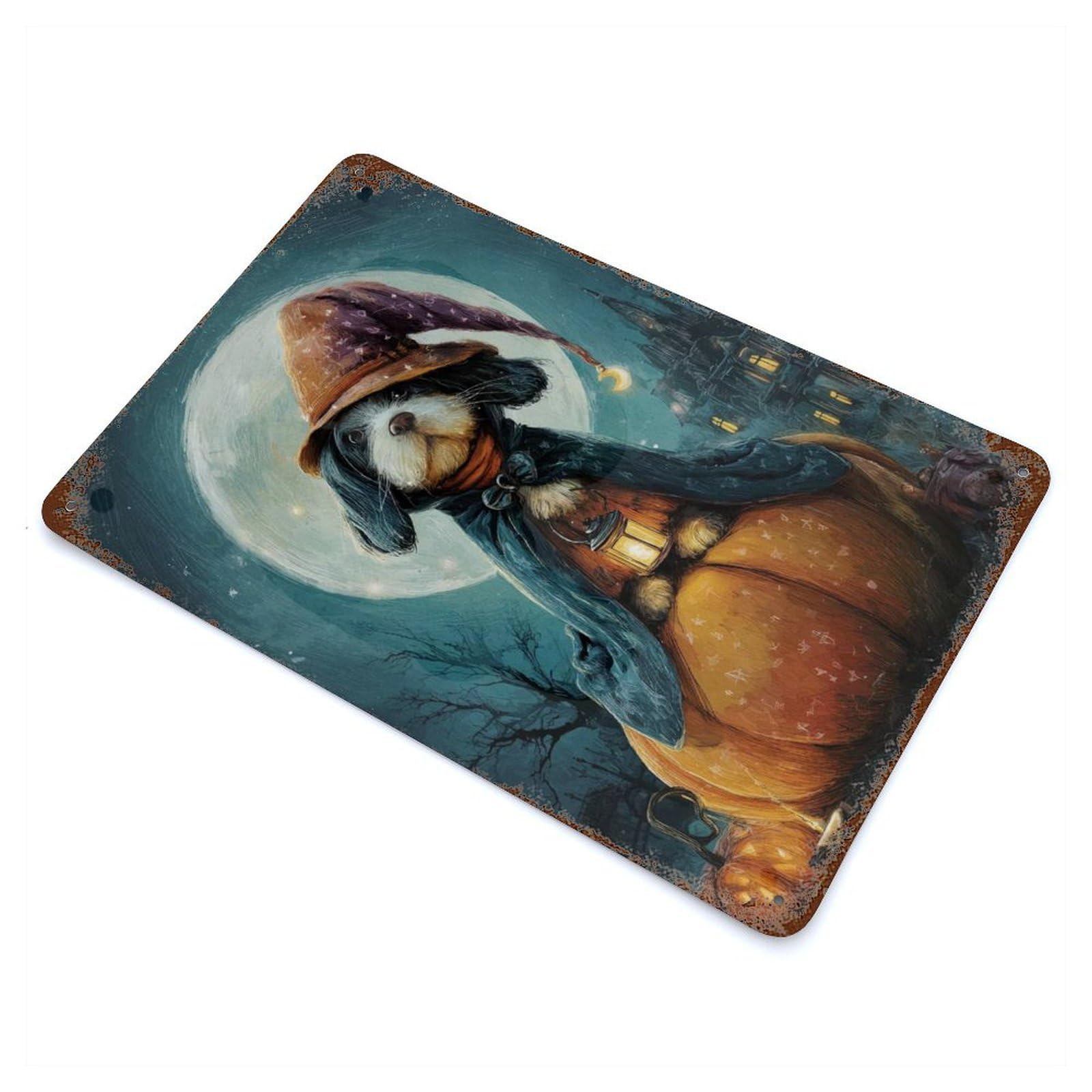 Weathered Tin Sign with Dog Wizard on Pumpkin Halloween Night Design 11.8"x7.9", for Garage, Bar And Workshop Decor, Decorative Metal Wall Art