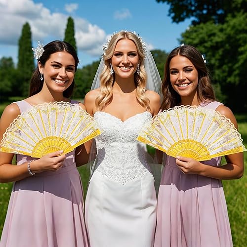 Miniatura 6 de QIRMIZI 10 abanicos plegables de encaje rosa, abanicos de mano plegables de seda, perfectos para bodas, fiestas y bailes, amarillo