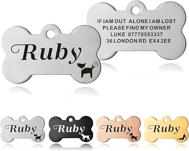 Dog Tag Personalised ID Tags for Dogs Cats Pets Tag Engraved Stainless Steel Funny Name Tag for Dog Cat Puppy Pet Kitty Custom Collar 4 Colours 2 Sizes S/L (Silver Bone)