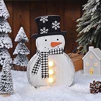 Vista 3 de Decoración navideña de muñeco de nieve de madera con botones LED, figura de muñeco de nieve rústica iluminada con bufanda a cuadros, decoración