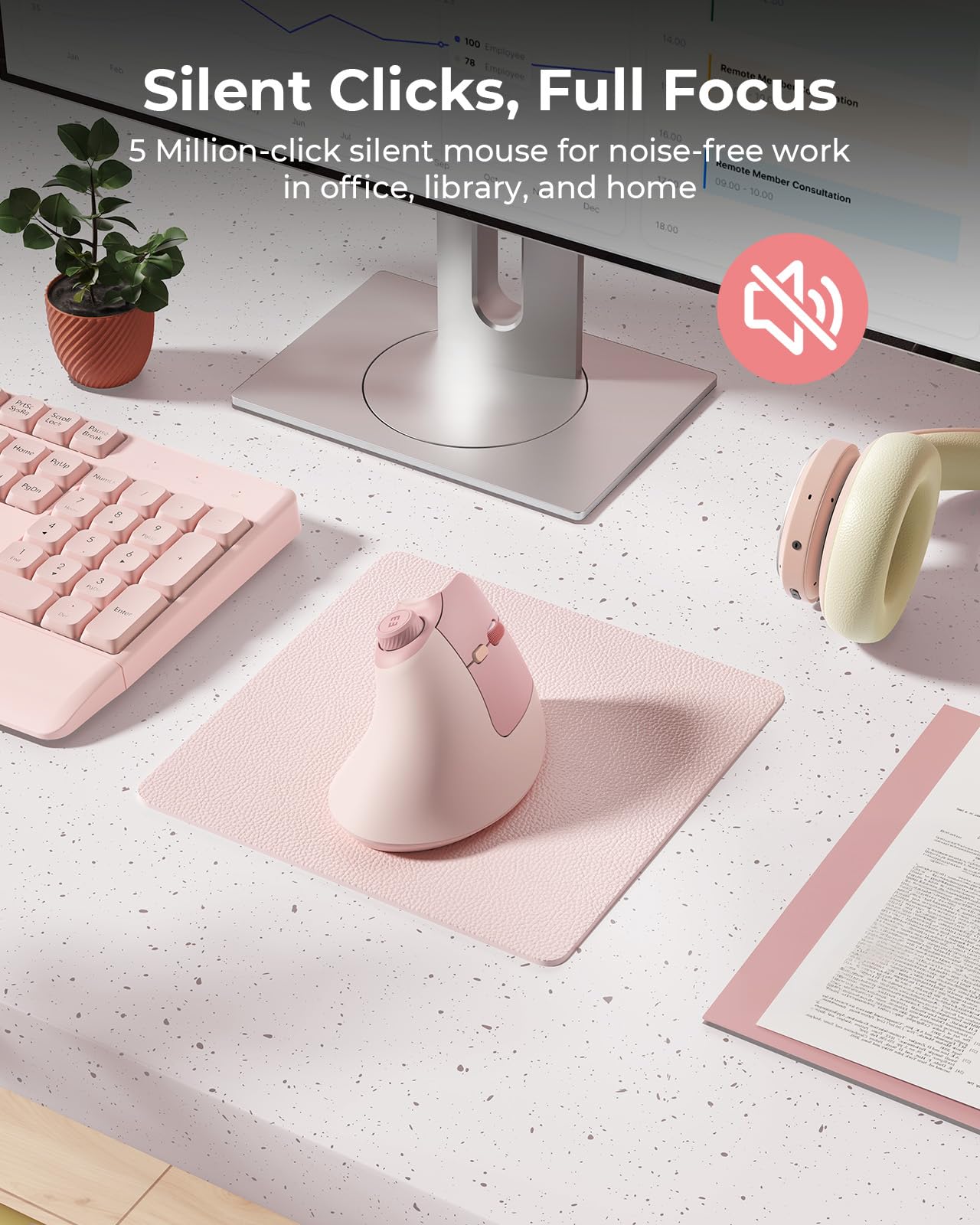 Ratón Ergonómico Inalámbrico, Ratón Vertical Recargable, Silencioso, con Botón de Volumen, Multi-Dispositivos (2*Bluetooth y USB), 3 dpi Ajustables para PC, Ordenador, Portátil, MacBook (Rosa)