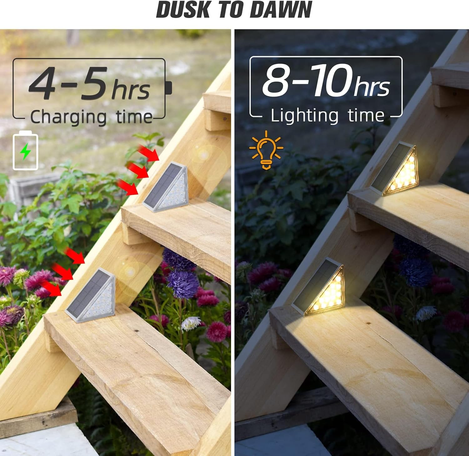 WHATOOK 6pcs Warm White Solar Step Lights, Outdoor Waterproof IP67, Auto on/Off, Lights for Steps, Stairs, Patio, Porch, Front Door, Sidewalk, Deck Decoration