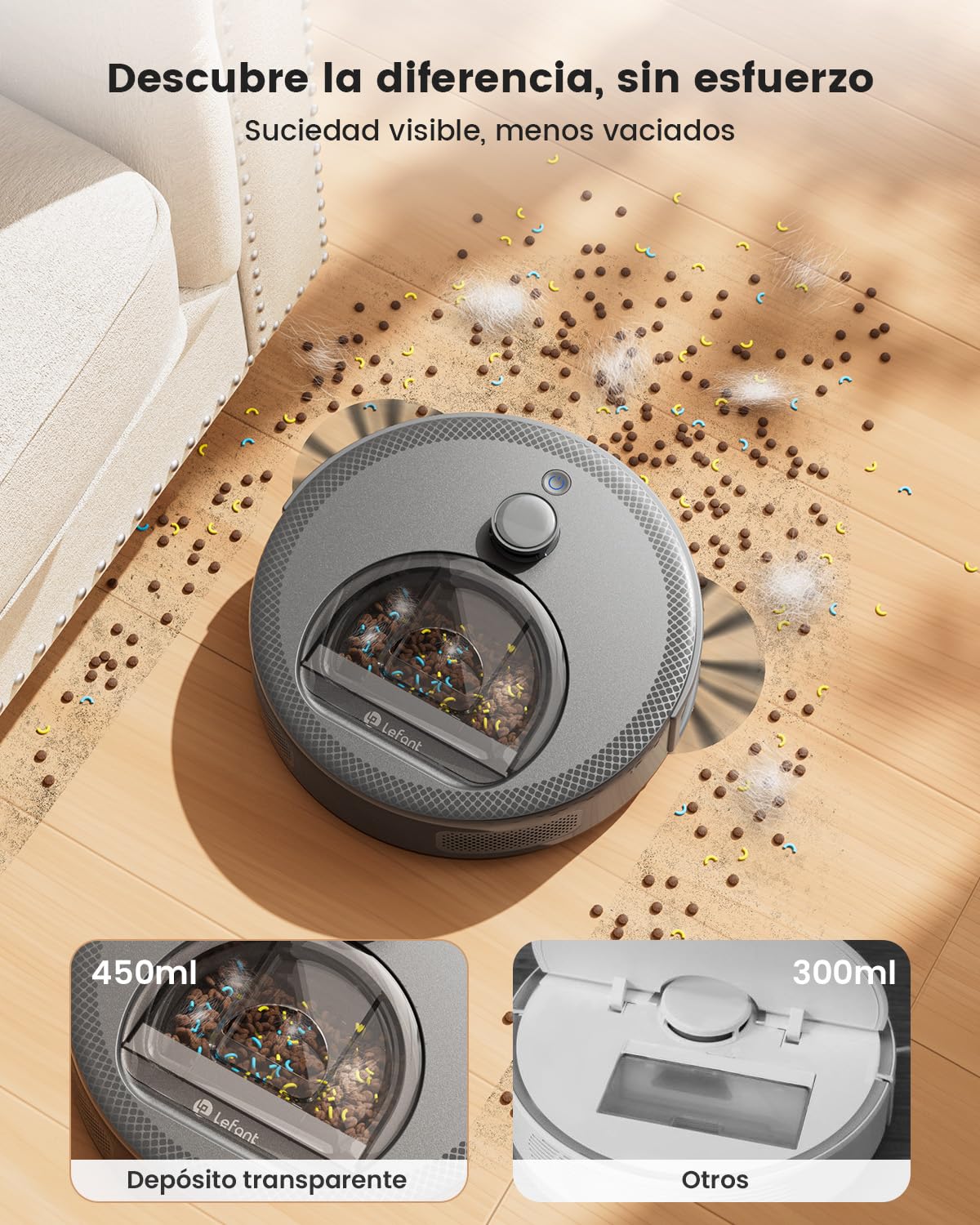 Lefant M330 Pro Robot Aspirador y Fregasuelos con Mapeo 3 en 1, Navegación dToF, 5000Pa, Diámetro 28cm, Evitación de Obstáculos PSD 190°, App/Alexa/i Watch, Ideal para Pelo Mascotas y Alfombras, Gris