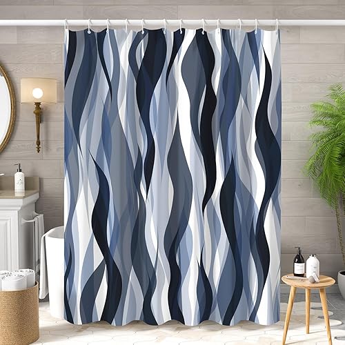 Miniatura 2 de ChloropLastid Cortina de ducha retro azul grisáceo, diseño de líneas vibrantes, diseño estético abstracto, cortina de ducha de baño, tela a rayas