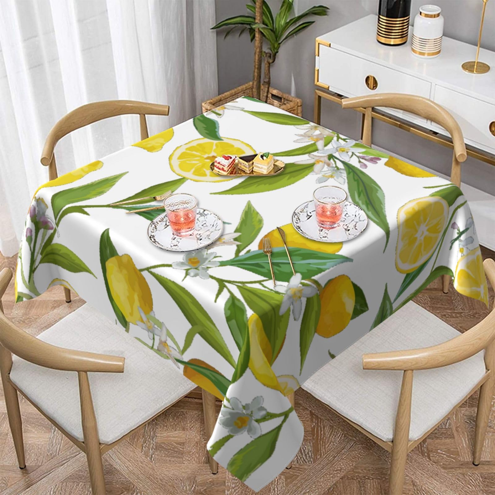 DCEHGEW Yellow Lemon Prints Square Tablecloth 137x137 CM, Waterproof Fabric Table Cloth for Dining Table, Farmhouse Table Cover for Kitchen Dining Tabletop Decoration