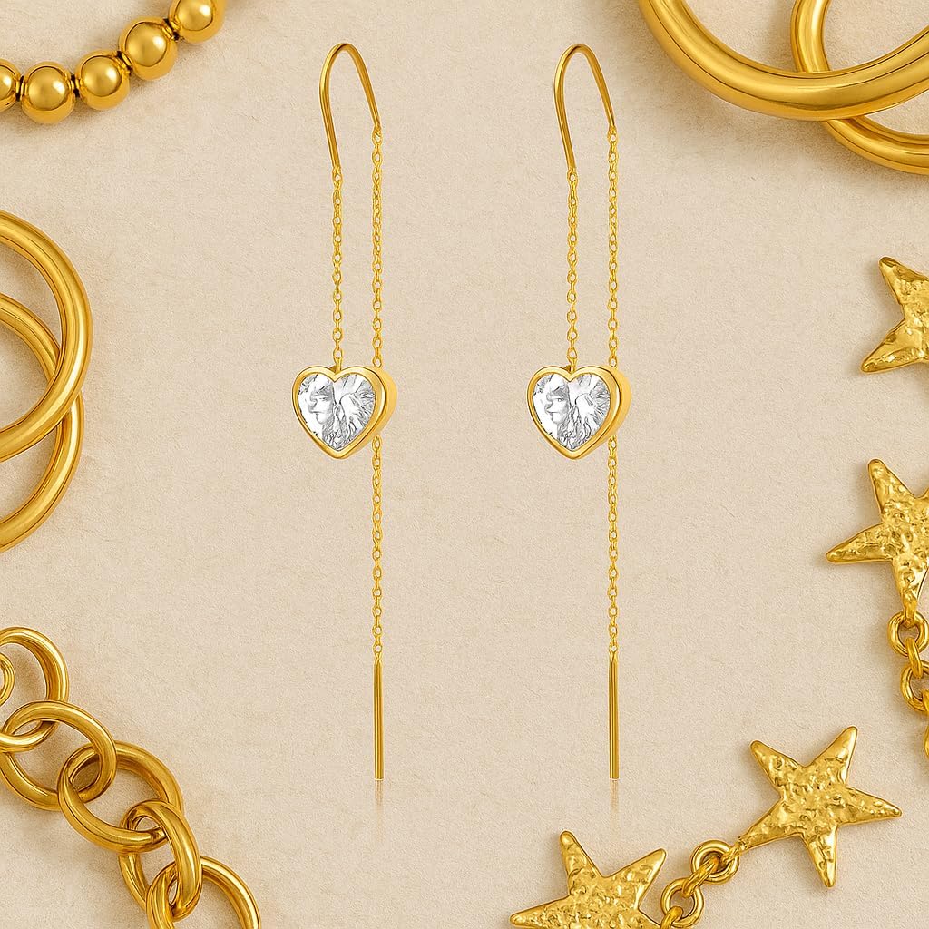 18k Long Dainty Gold Threader Chain Heart CZ Dangle Earrings for Women, Minimalist Fashion Statement Trendy Thin Drop Jewelry Gifts - Image 4