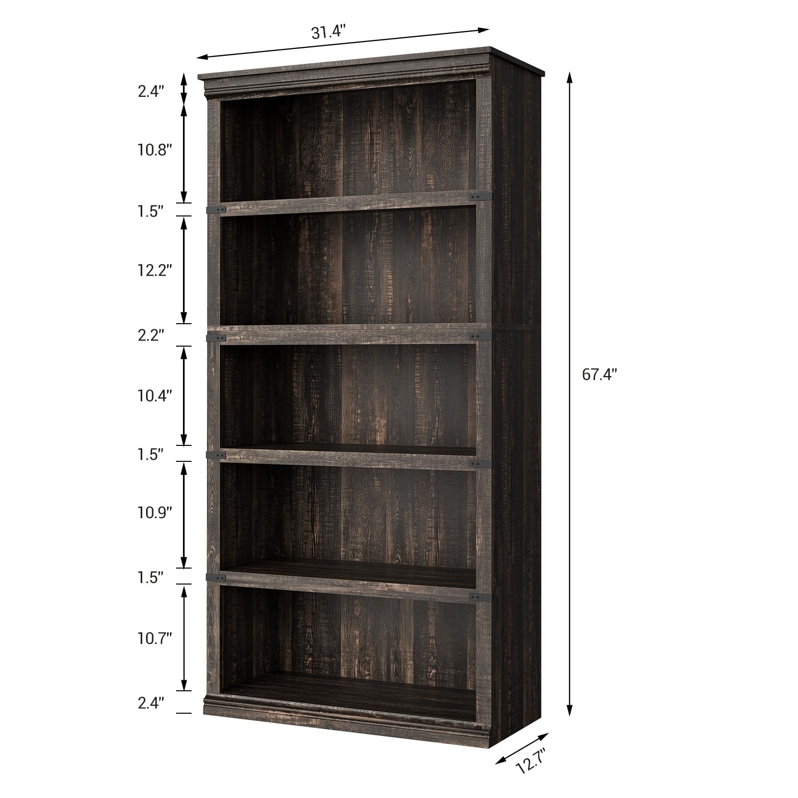 Zstar Librería de 5 Niveles Estanterías de Madera,Granja Moderno con Almacenamiento para Despacho, salón Dormitorio,80x32x171 cm Roble Oscuro