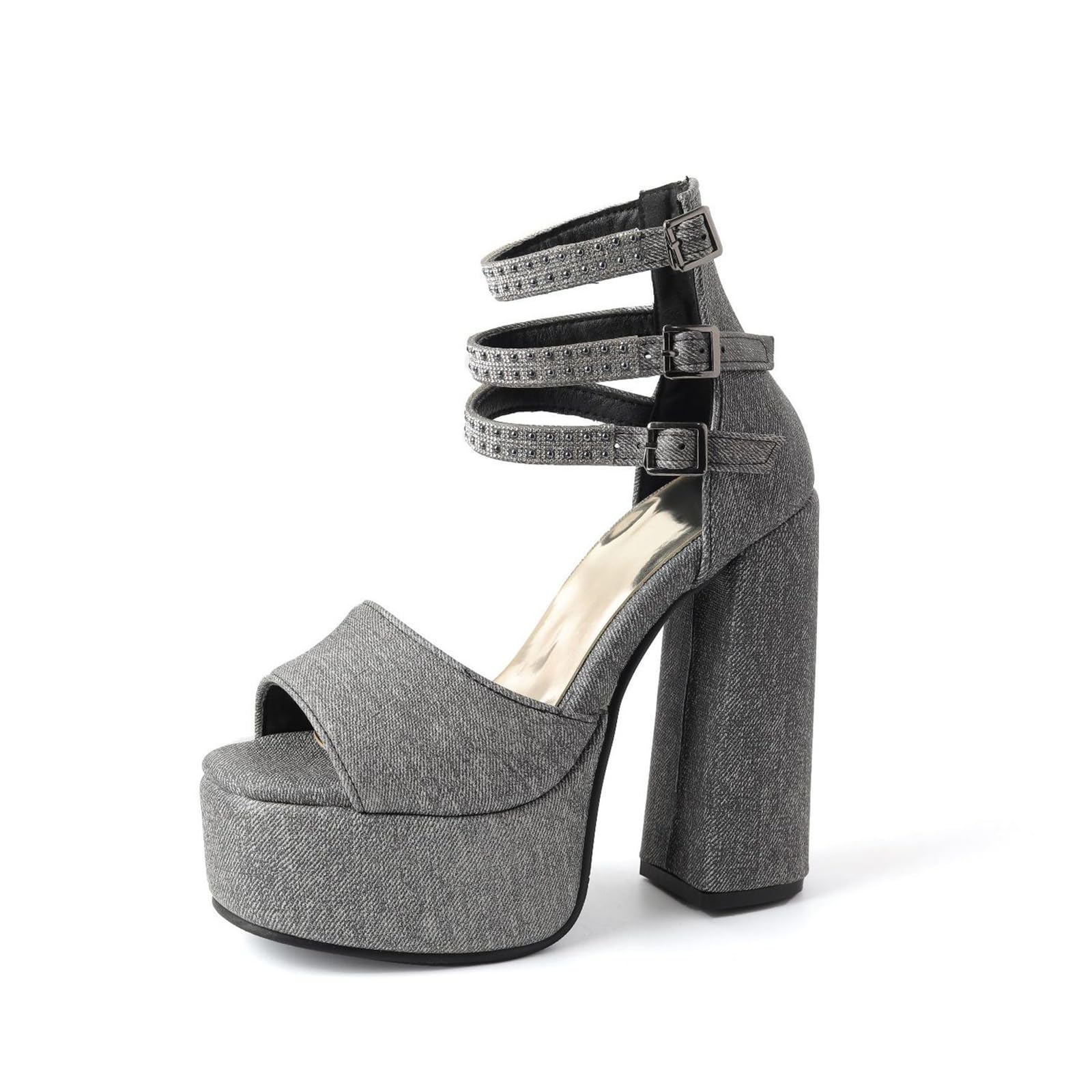 Sandalias de Plataforma de Mezclilla para Mujer con Puntera Abierta, Correa en el Tobillo y Tacones Gruesos, Tacones atrevidos para Fiestas y Discotecas