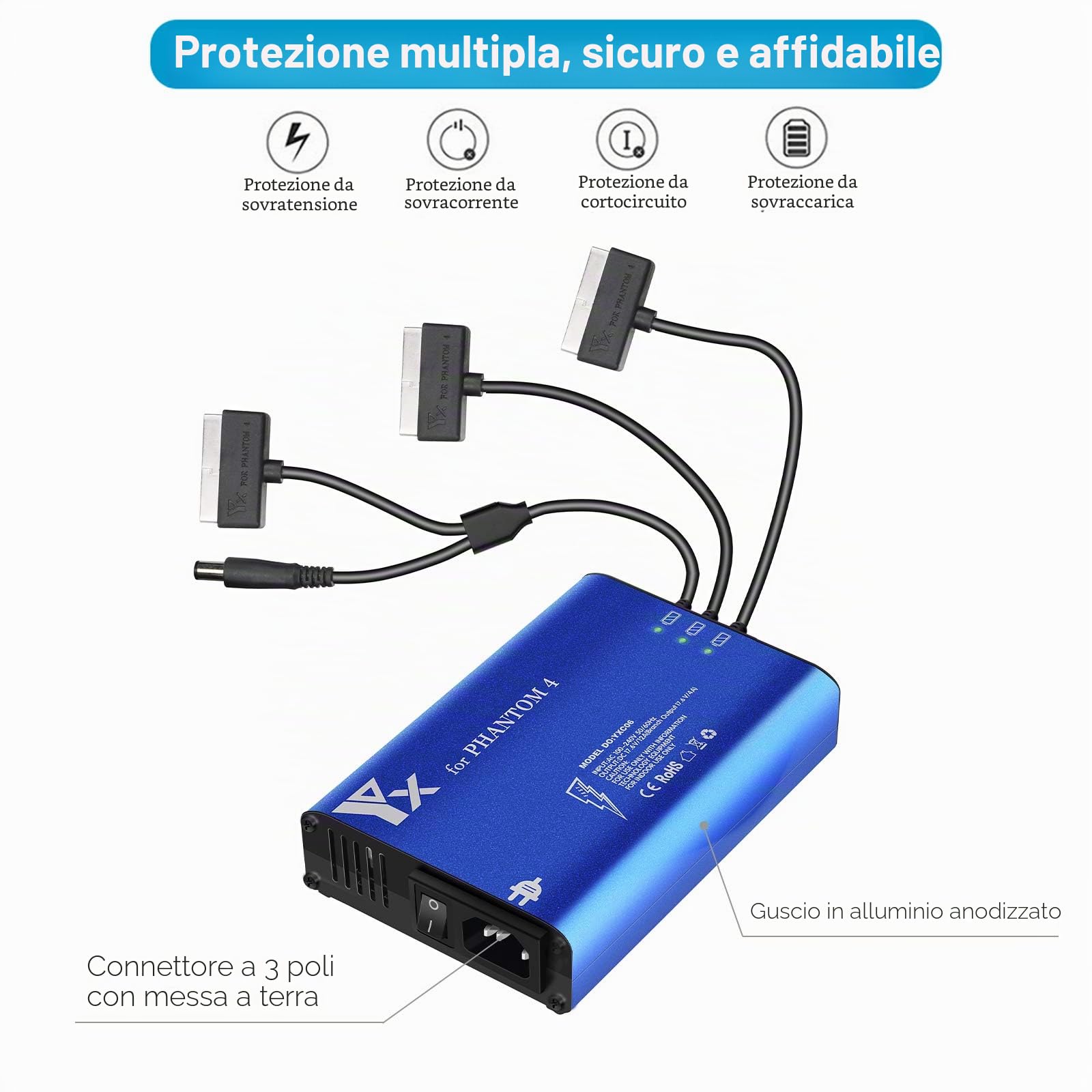 Caricabatterie per DJI Phantom 4 Advanced/Pro Drone, Caricatore,Ricarica 3 Batterie, Stazione di Ricarica Carica Batteria Accessori