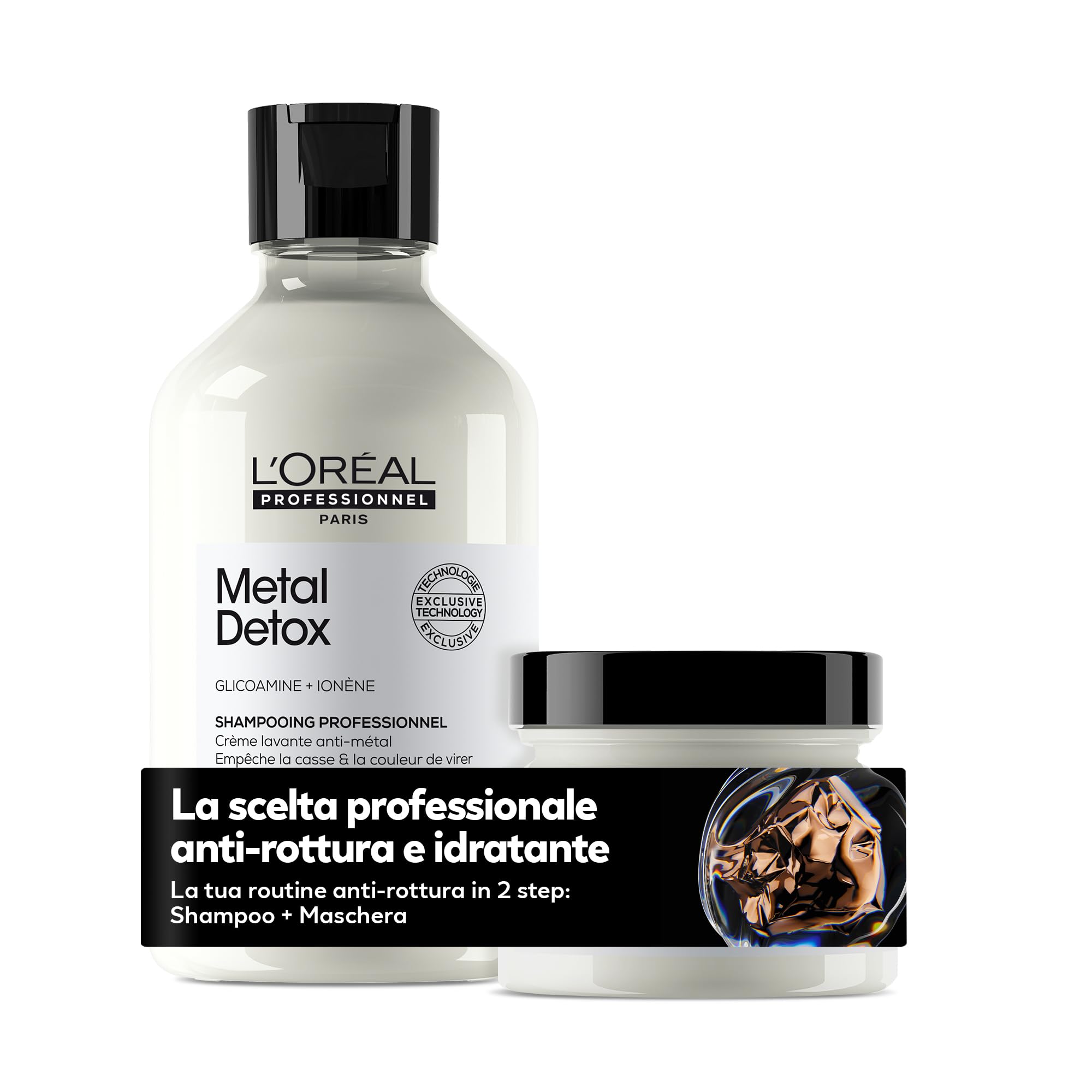 L'Oréal Professionnel Paris KIT Shampoo + Maschera Ristrutturante per Tutti i Tipi di Capelli Danneggiati, Rischio di Rottura Ridotto, Chioma Lucente e Setosa, Senza Solfati, Metal Detox 300 + 150 ml