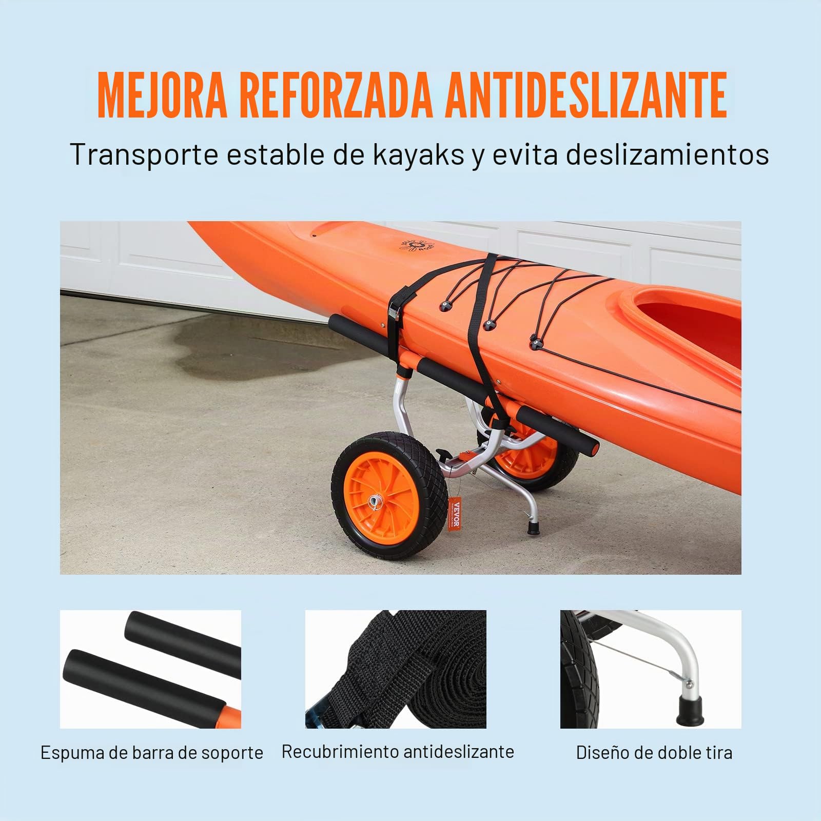 VEVOR Carrito de Kayak de Alta Resistencia Carga de 204 kg Carro de Transporte Desmontable para Canoas con Ruedas de 30,5 cm Pie de Apoyo Antideslizante y Correa de Amarre para Kayaks Canoas Botes