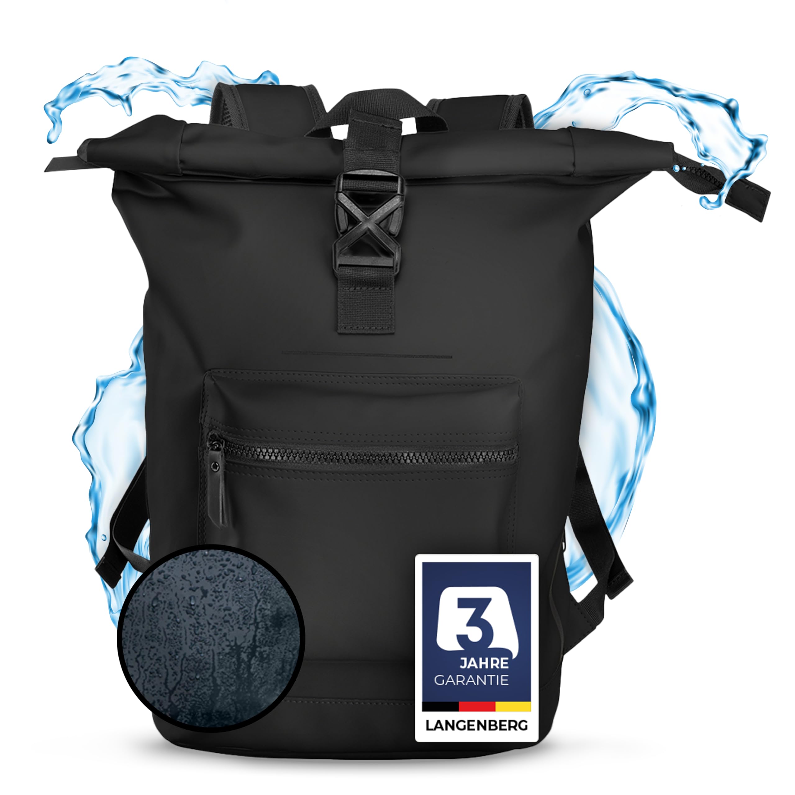 LANGENBERG 30L Rolltop Rucksack - Wasserdichter Rucksack mit bequemen Schultergurten - Fahrrad Rucksack Herren und Damen - Wasserfester Rucksack groß mit verschließbarem Laptopfach + Air-Tag Fach