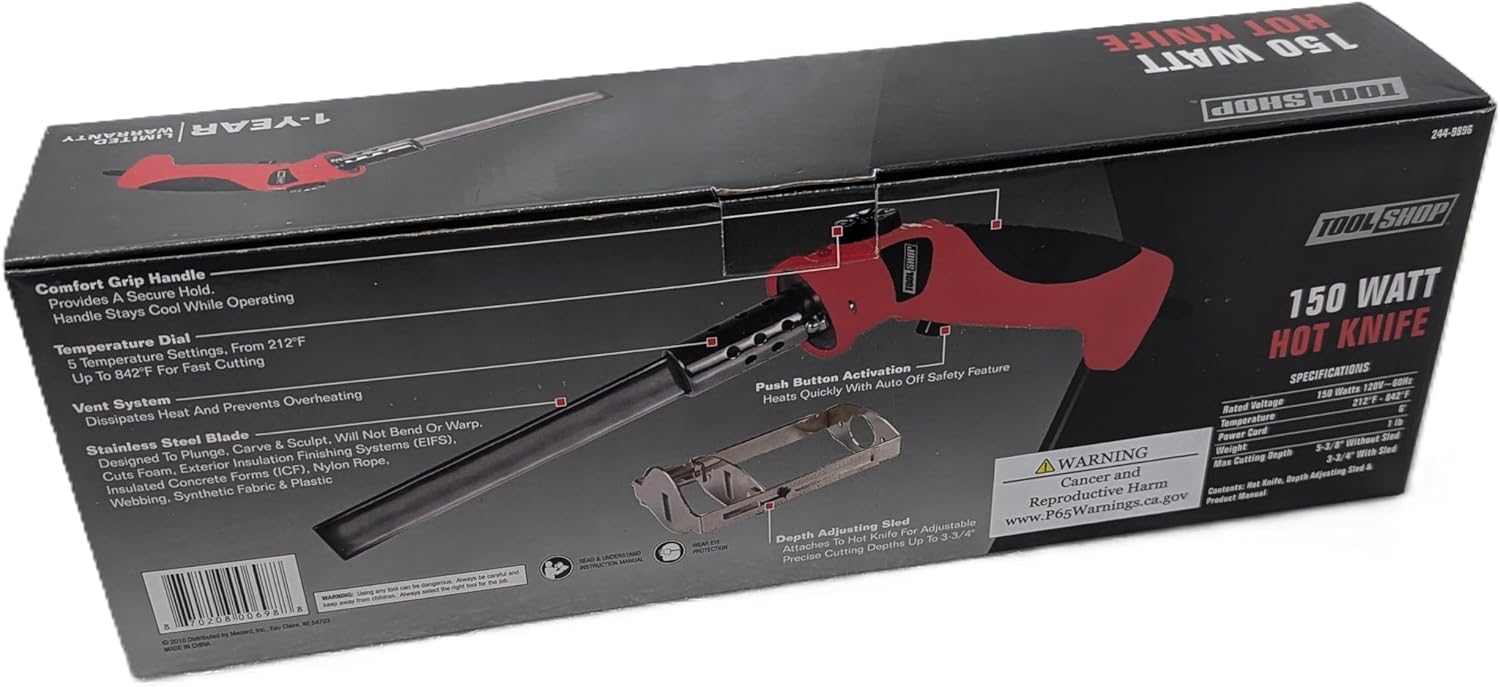 Tool Shop® 150 Watt Heavy-Duty Hot Cutting Tool with Depth Adjusting Sled – 5 Temperature Settings for Foam, EIFS, ICF, Rope, and More – Electric Foam Cutter