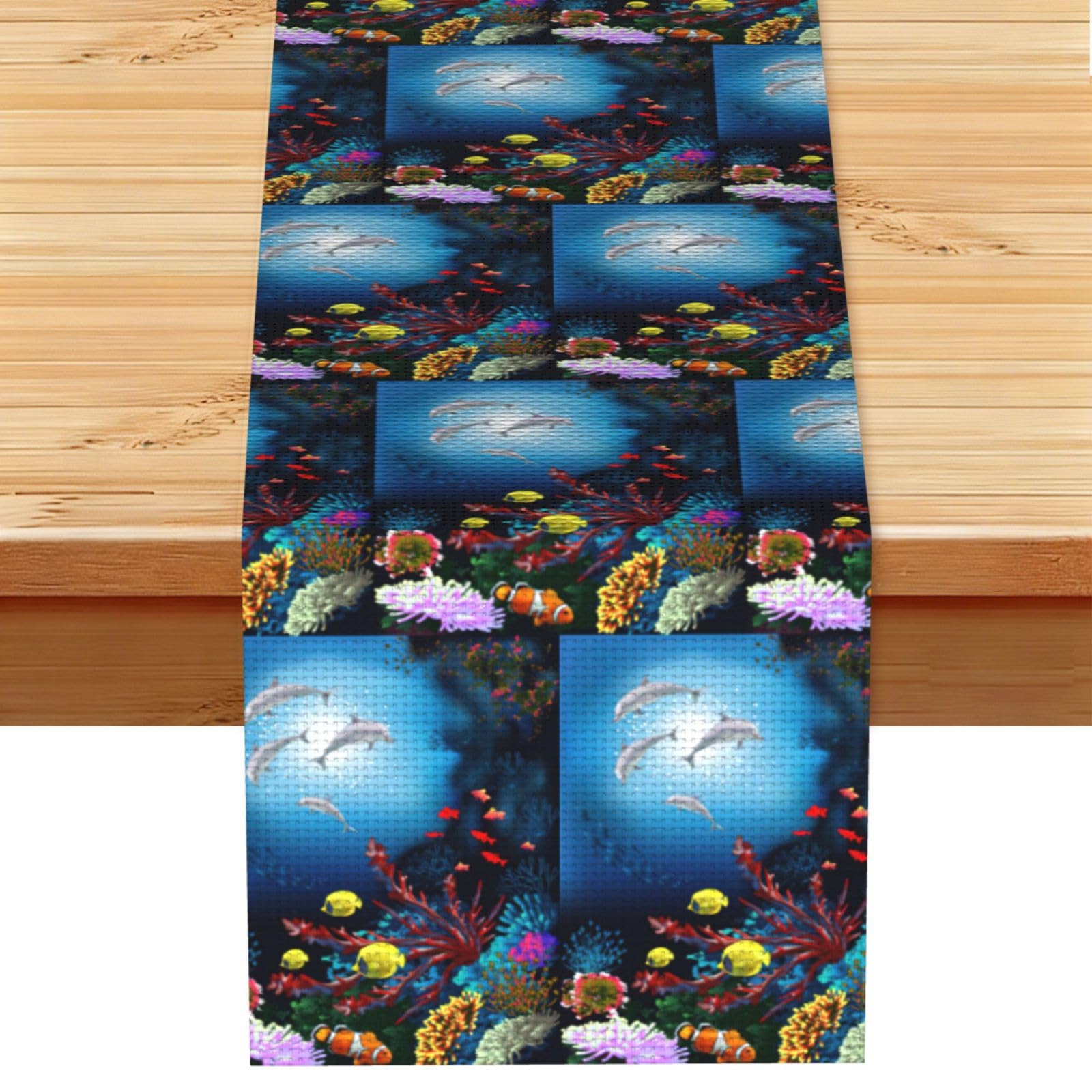 Underwater Dolphins Coral Fish Stylish Printed Table Cloth, Decorative Table Runner 13x72in for Home, Party and Banquet Home Decor