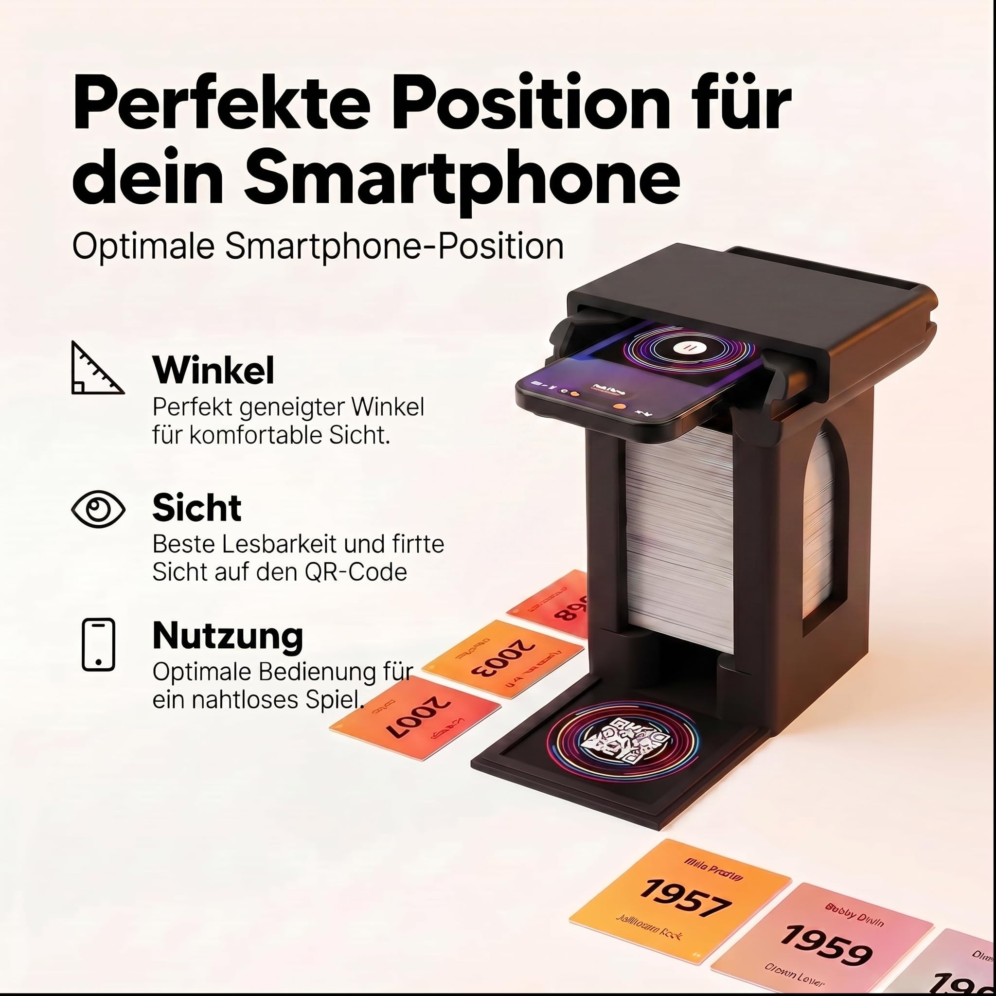 Handyhalterung Turm passend für Hitster – Smartphone Ständer mit Kartenfach – stabil & rutschfest für QR-Code Scan – Zubehör kompatibel mit Hitster Original & Party
