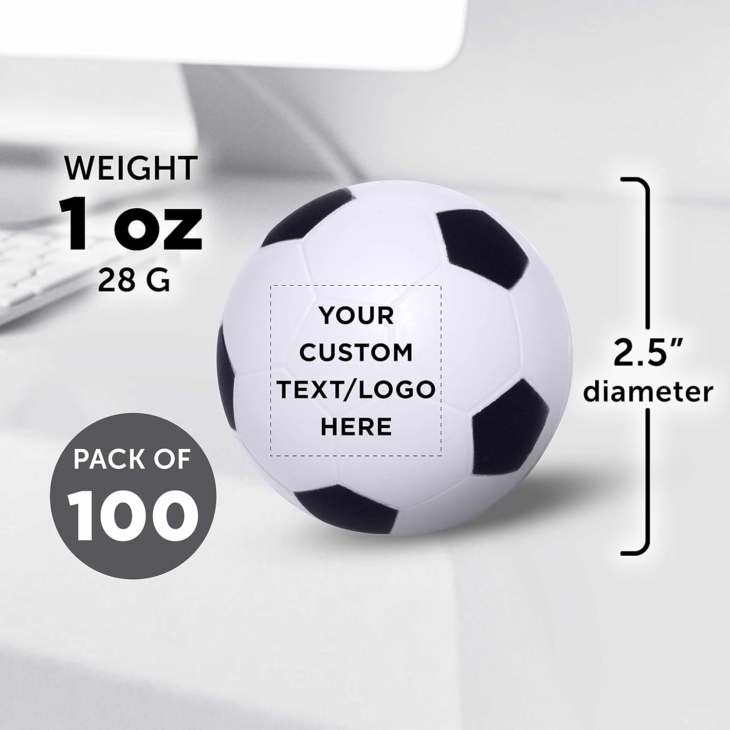 DISCOUNT PROMOS Custom Soccer Ball Shaped Squeeze Balls Set of 100, Personalized Bulk Pack - Perfect for Promotional Giveaways - White